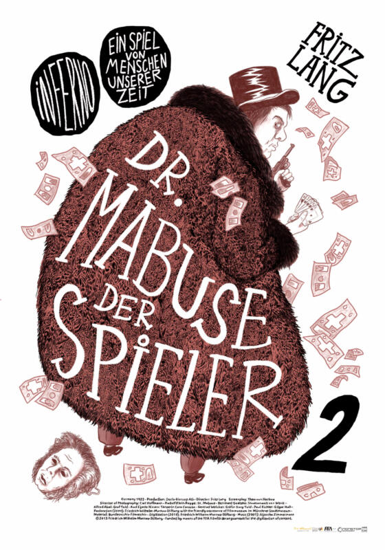 A movie poster in crimson and black with a white background, featuring a drawing of Rudolf Klein-Rogges character Doktor Mabuse, in a fur coat, holding a pistol, with a sinister expression. Around him whirls weimar era currency.