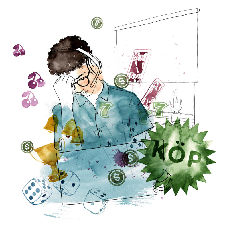Illustration av ungdomar och droger till Borås Stad. Illustrationen föreställer en kille med spelproblem. Färgerna är lila, blå och grön.