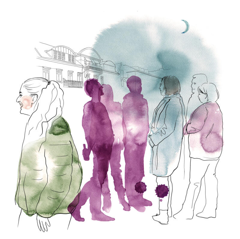 Illustration av nattvandrande föräldrar. Illustrationen är i akvarell, lila, grönt och blå