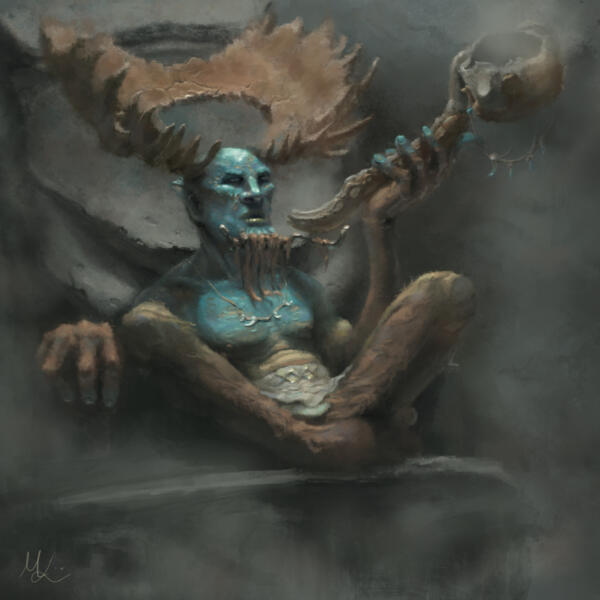 Illustration of Cernunnos "The horned god" from Celtic mythology, sitting on a stone throne smoking his pipe