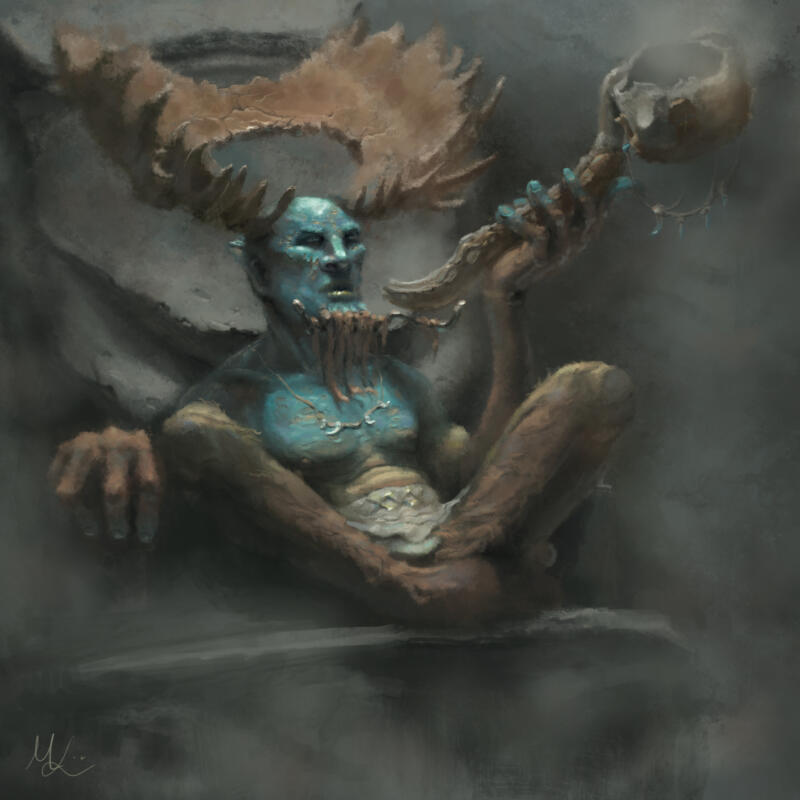 Illustration of Cernunnos "The horned god" from Celtic mythology, sitting on a stone throne smoking his pipe