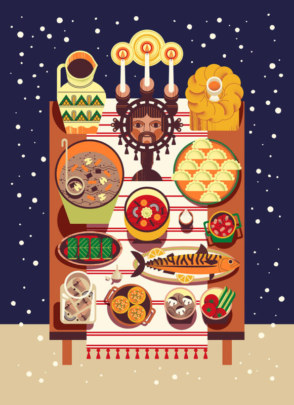 Illustration av ett traditionellt ukrainskt julbord med tolv maträtter. Bordet är dekorerat med en broderad duk och ljus. Snöfall i bakgrunden. Illustration of a traditional Ukrainian Christmas table with twelve dishes. The table is decorated with an embroidered tablecloth and candles. Snowfall in the background.