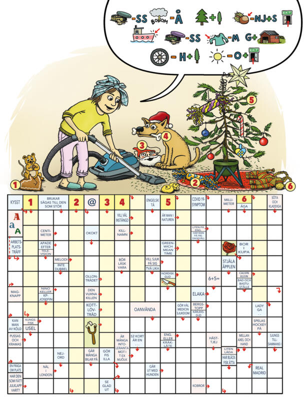 jul, städa, julgran, dammsugare, hund, hundben, tomtemask, mus, pepparkaka, lussebulle, julbock, sjalett, tomteluva, smällkaramell, rebus