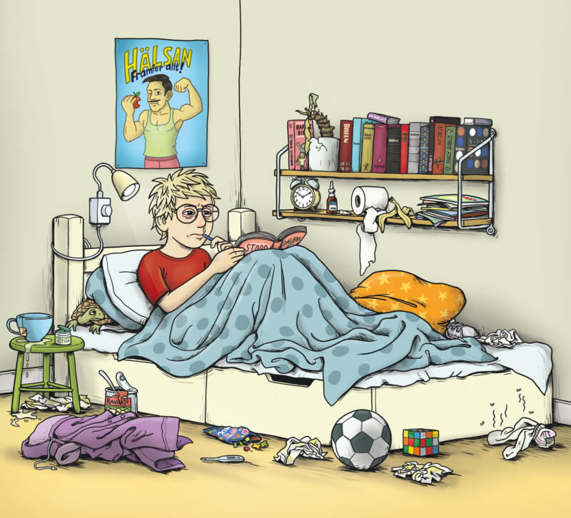 Sjuk, förkyld, säng, pojkrum, stökigt, fotboll, täcke, läser, te, skäldpadda