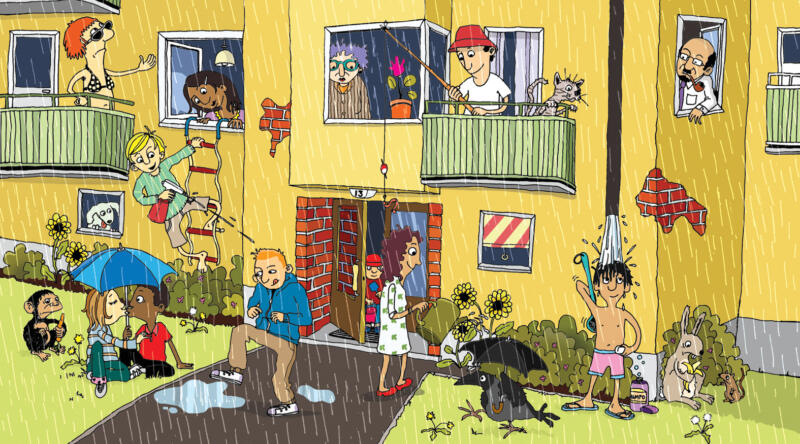 regn, bostadshus, balkong, kråka, paraply, vattenpöl, hare, apa, djur, barn