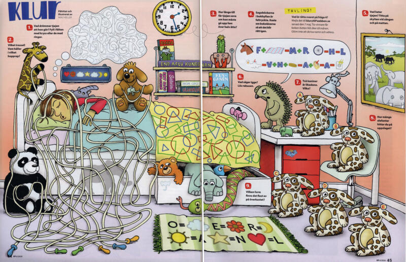 natt, sova, säng, gosedjur, elefant, matta, hopprep, barnrum, bokhylla, skrivbord