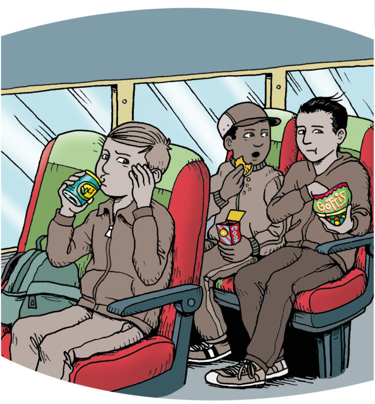 Buss, resa, utflykt, godis, snacks, läsk, barn, ungdomar