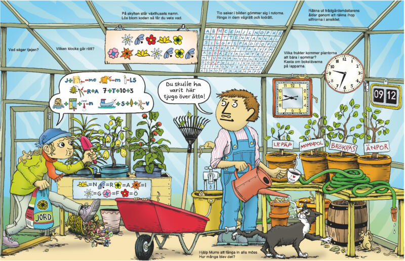 växthus, plantor, kruka, kratta, katt, skottkärra, citronträd, växter, vattenkanna, vattenslanf, kaffe, klocka