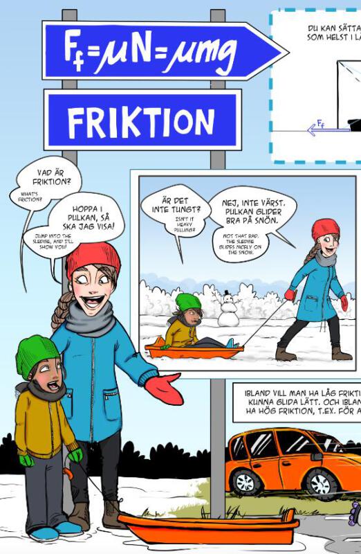 ett barn och en vuxen pratar om friktion och testar i praktiken med en pulka