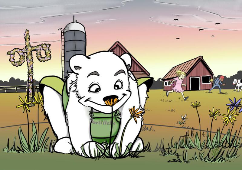 den vita björnen som är partillebos maskot luktar på en ängsblomma en kväll i juni