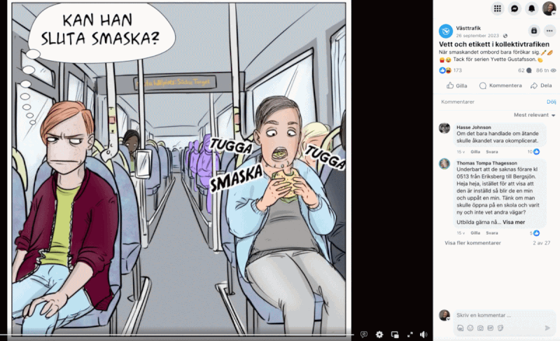 personer som äter i kollektivtrafiken