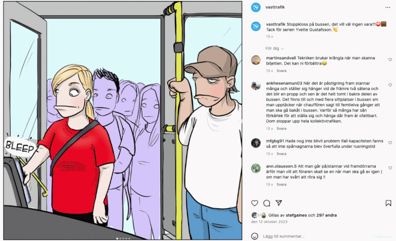 person som blockerar andra passagerare på bussen