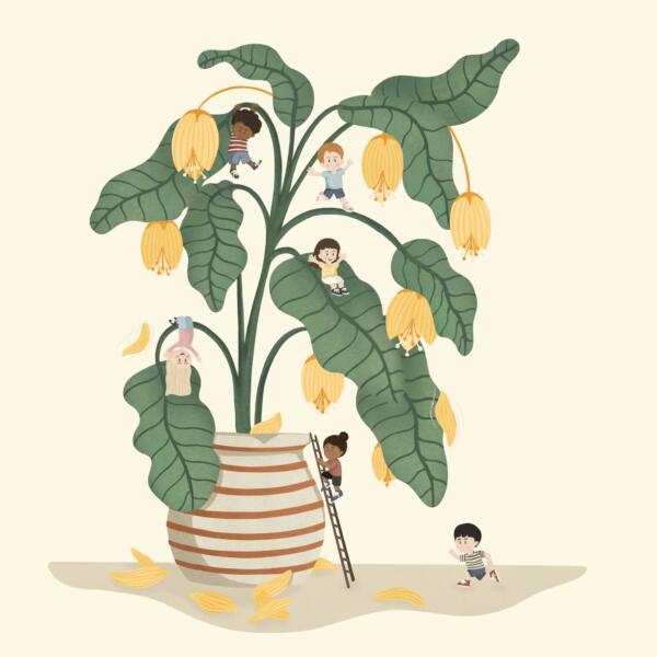 Digital illustration av barn som leker och utforskar den stora klätterväxten