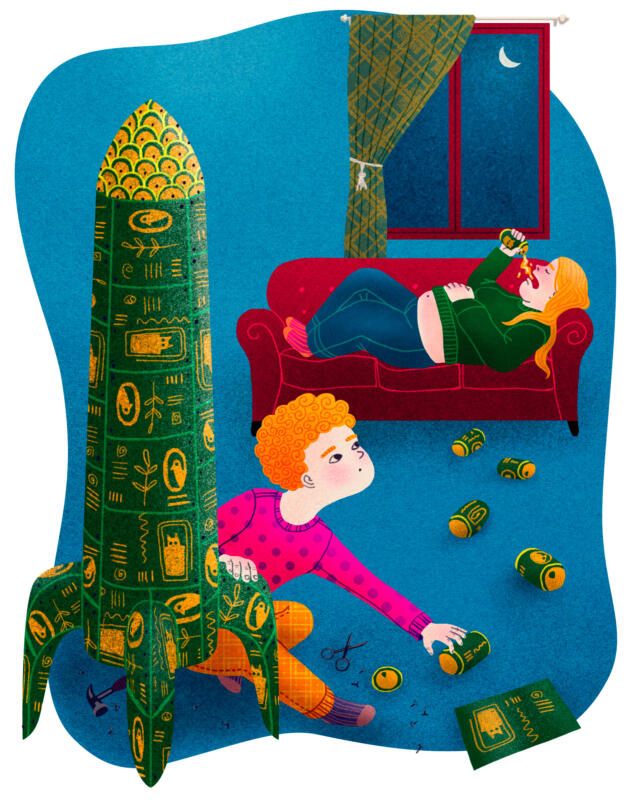 Illustrated image. In the background, we see a mother lying on a sofa drinking beer. She has dropped beer cans on the floor. In the foreground we see a kid picking up the beer cans and building a rocket from them.