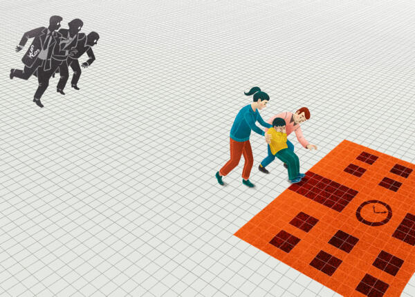 Illustration showing a kid not wanting to go to school. The mum and dad push the kid to the school and try to convince it that it's okay.  Behind them we see grey characters with paragraphs in their pockets approaching.