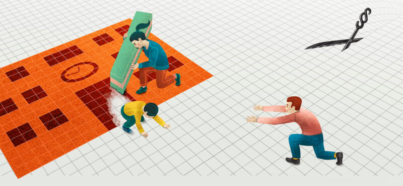 Illustration showing a kid trying to escape school. The mum erases the door and the father is ready to bring the kid with them. On the horizon, we see a scissor with paragraphs as handles approaching.