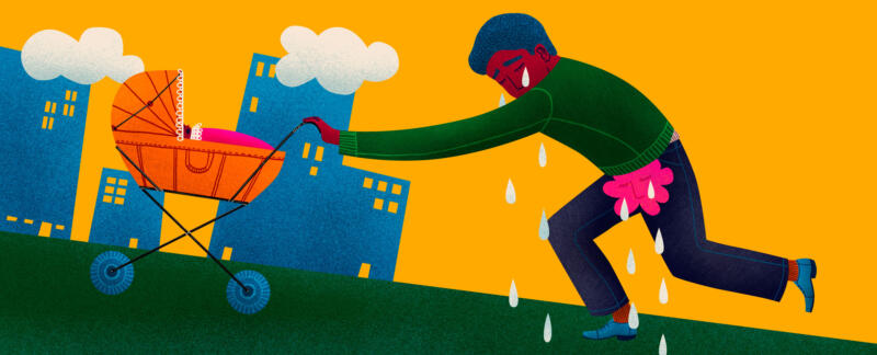 Illustration in which you see a person walking uphill with tears dripping from their eyes. In the vaginal area, we see a flower, also crying.
