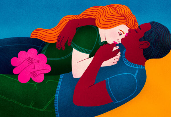 Illustration in which you see two persons lying in bed hugging. One person looks female and in the vaginal area, we see a flower, looking worried.