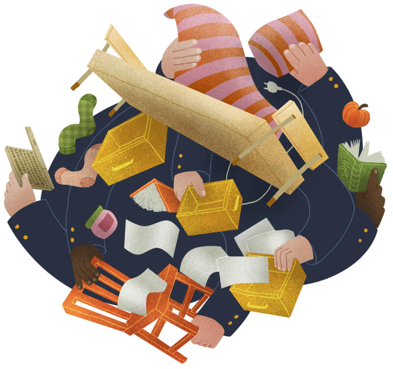Short story illustration where you see arms with police uniforms twirling around with furniture clothes and other belongings from a home.