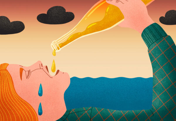 Illustrated image with a person slowly drowning while drinking from a bottle. Black clouds in the sky.
