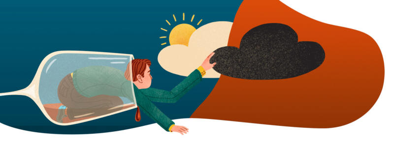 Illustration in which you see a wine glass lying down. A person is crawling out of the wine glass and at the same time moving a dark cloud out of the way. Behind the dark cloud is a light cloud and the sun.