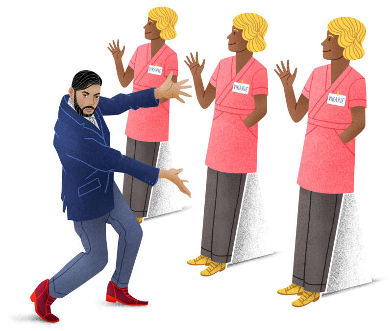 Illustration som visar en person visar upp tre pappersfigurer med namnskyltar som det står Vikarie på.