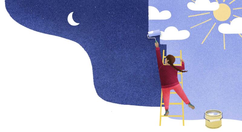 Illustration som visar en person som står på en stege och målar. Personen målar dagshimmel över natthimmel.