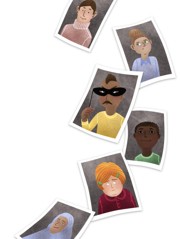 Illustration med flera fotografier på olika personer. En person håller en mask framför ansiktet