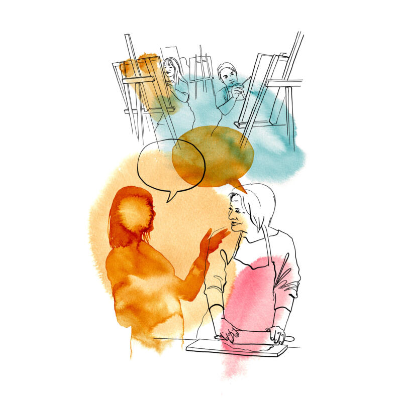 Illustration i akvarell av kvinna som bakar och några som målar i bakgrunden. Färgerna är grönt, orange och blått.