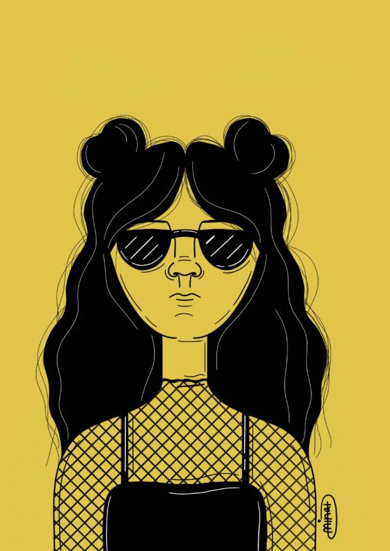 Illustration av en tjej i svart och gul.