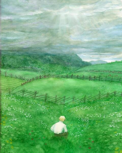 Young troll facing lovely meadow with flowers and fences, distant horizon clouded, sun drizzling through the clouds