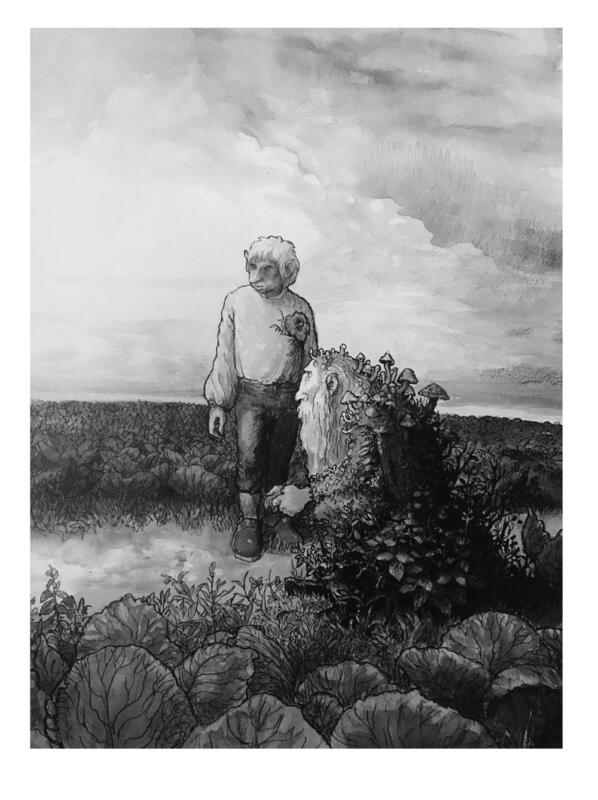 Young Troll and overgrown elderly bearded chap awaits a black-clad rider that approaches from the distant horizon, carrying inbetween his clenched teeth a small wooden stick carved with magic runes