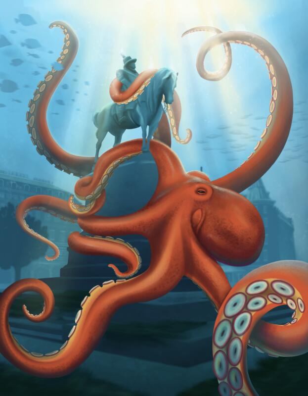 Färgglad digital illustration av Stortorget i Malmö under vatten med en bläckfisk dom klättrar över en staty och fiskar som simmar runt omkring. 