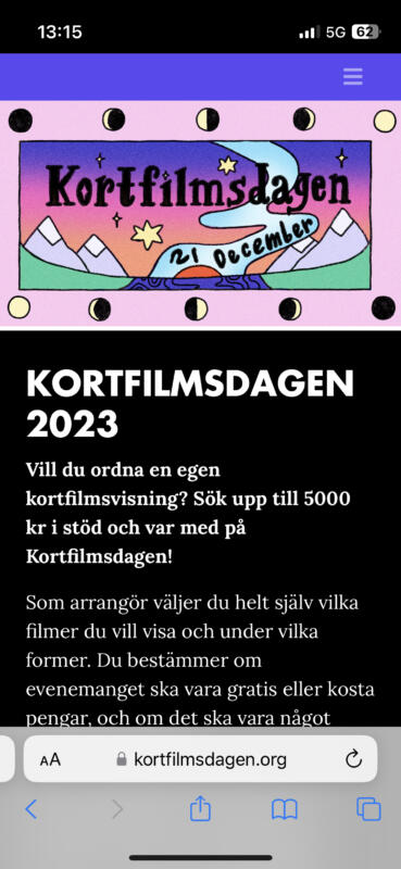 Kortfilmsdagen 2023 event banner på hemsidan