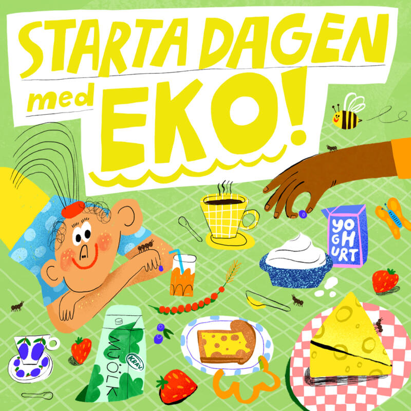 Ett barn äter frukost i gräset