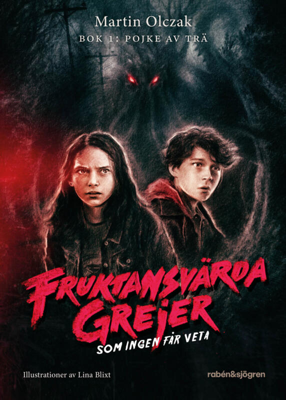 Omslagsbild av barn- och ungdomsboken Fruktansvärda grejer. Två vänner står och spanar ut i mörkret. Bakom dem syns ett otäckt monster med tentakler och lysande, röda ögon.