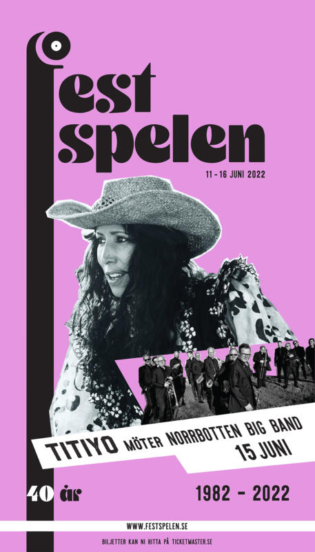 Musikartist poster. Rosa bakgrund med svarta rubriker mot vita fält och inklippt svart-vit bild av artisterna Titiyo / Norrbotten Big Band.
