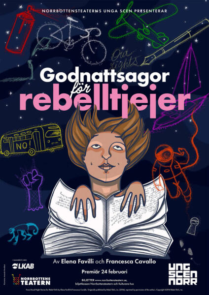 En ung flicka, vinden i håret, med händerna över en tjock bok, tittar upp på en mörk himmel där olikfärgade stjärnor formar symboler (en cykel, en båt, en astronaut, en penna mm.)