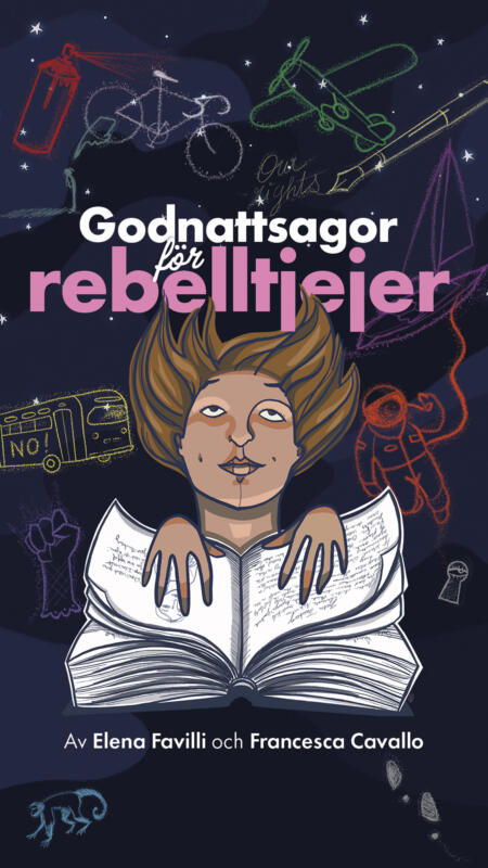 En ung flicka, vinden i håret, med händerna över en tjock bok, tittar upp på en mörk himmel med olikfärgade, glittrande symboler (en cykel, en båt, en astronaut, en penna mm.)