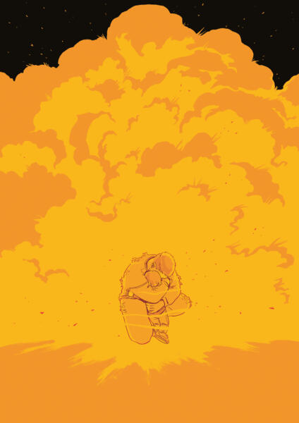Illustration av en explosion och en pappa som förgäves försöker skydda sitt barn.