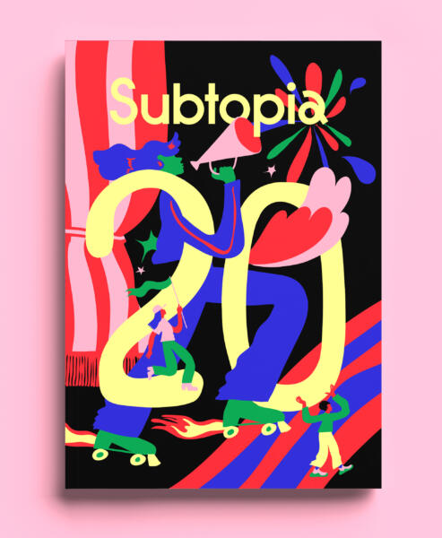 poster, theatre, woman playing instrument, people dancing, anniversary illustration, movement