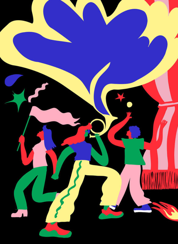 poster, theatre, woman playing instrument, people dancing, anniversary illustration, movement, youth