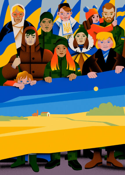 Affisch med människor som står enade i solidaritet bakom den ukrainska flaggan som övergår till landskapet. Färgstark och dynamisk komposition med kraftfulla uttryck och kontrasterande former. Poster of people standing united in solidarity behind the Ukrainian flag that merges into the landscape. Colorful and dynamic composition with powerful expressions and contrasting shapes.