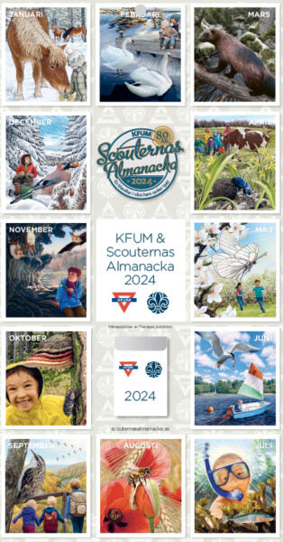 Scouterna och KFUM kalender med bilder på barn, djur, almacka, fåglar, fladdermöss,  insekt, häst, ko