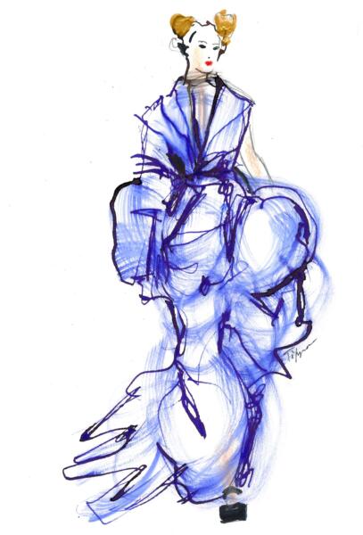 Blått chiffong modeillustration couture fashion