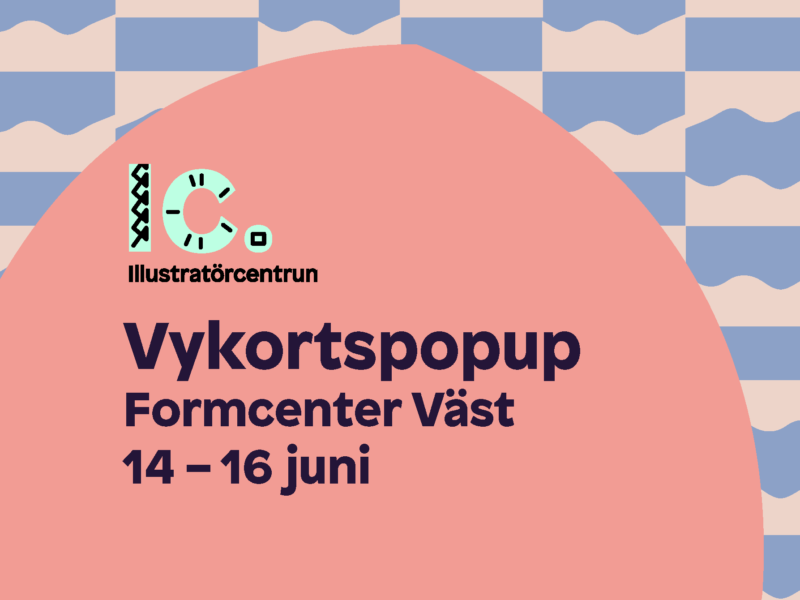 Dekorativ bild med rosa och lavendelfärgade färgfält och texten Vykortspopup på Formcenter Väst