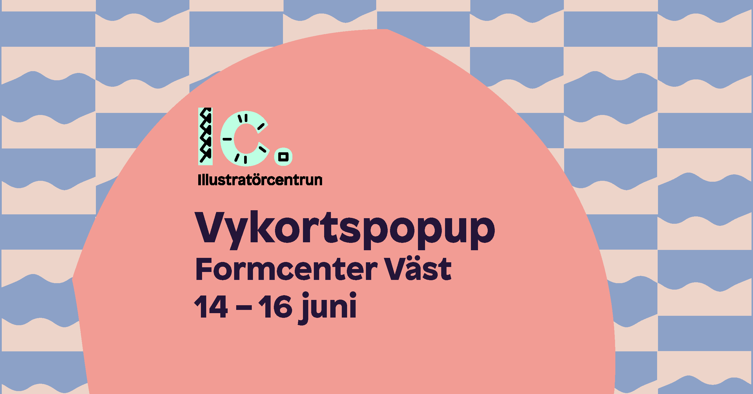 Dekorativ bild med rosa och lavendelfärgade färgfält och texten Vykortspopup på Formcenter Väst