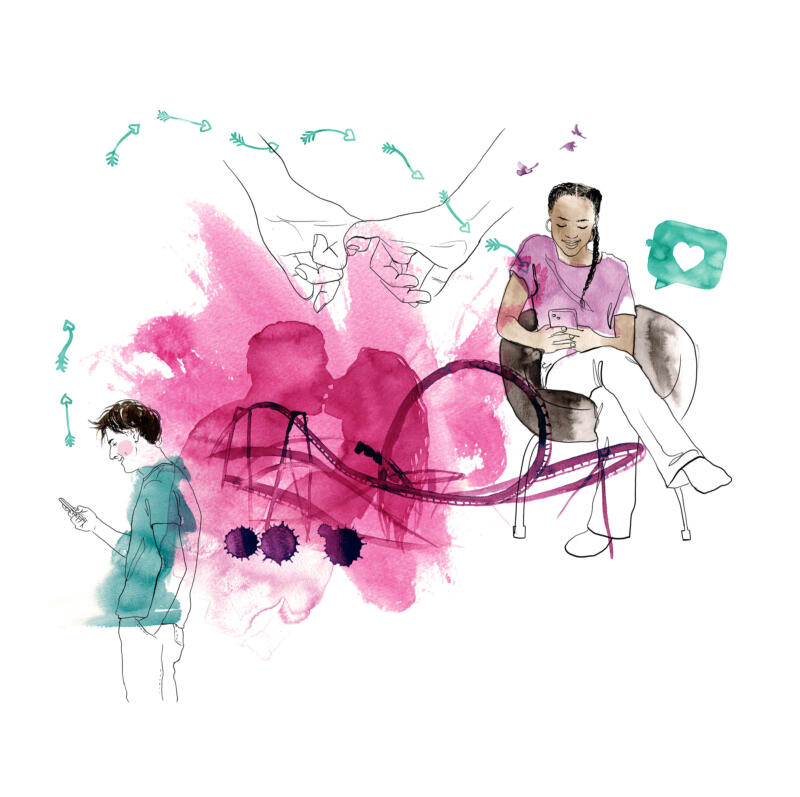 illustration i akvarell av ett ungt par som är kära.