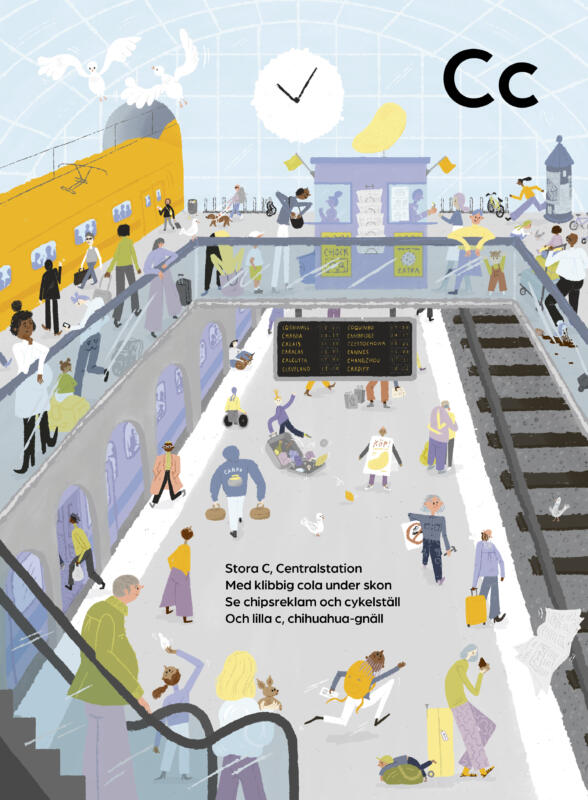 Bilderboksillustration av en tågstation full av myllrande resenärer. 