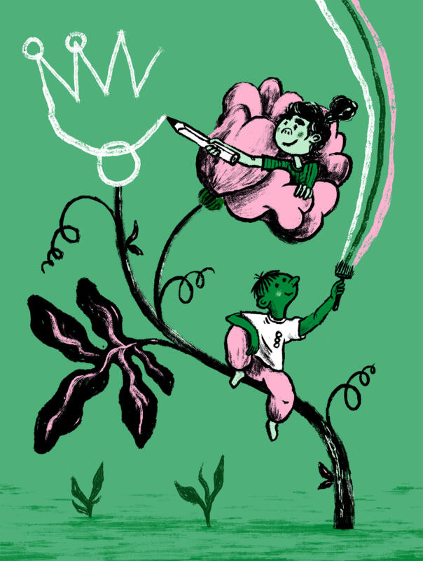 Barn som skapar konst, och sitter i en blomma. Redaktionell illustration om bildpedagogik. 